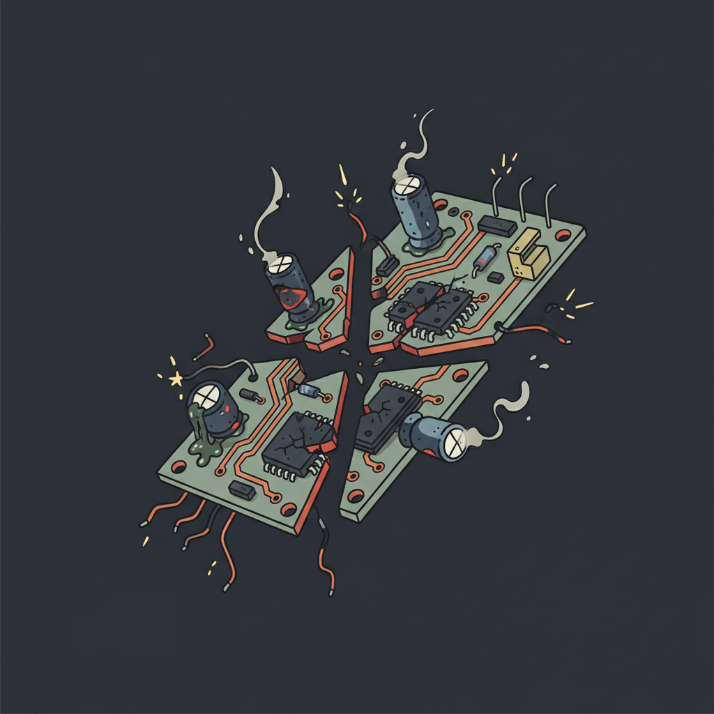 Broken circuit board with damaged components