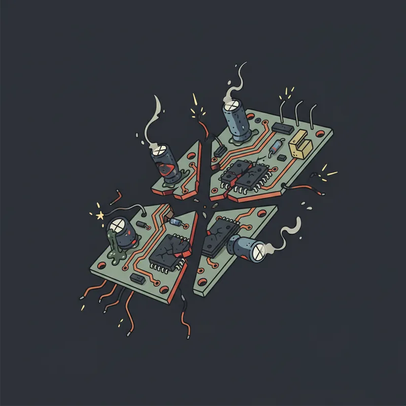 Broken circuit board with damaged components