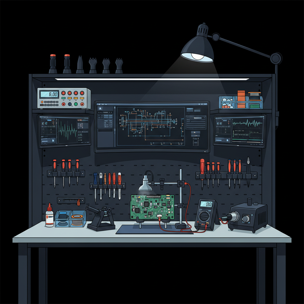 Electronics repair workbench with tools