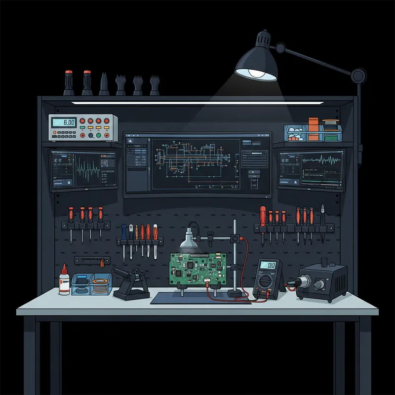 Electronics repair workbench with tools