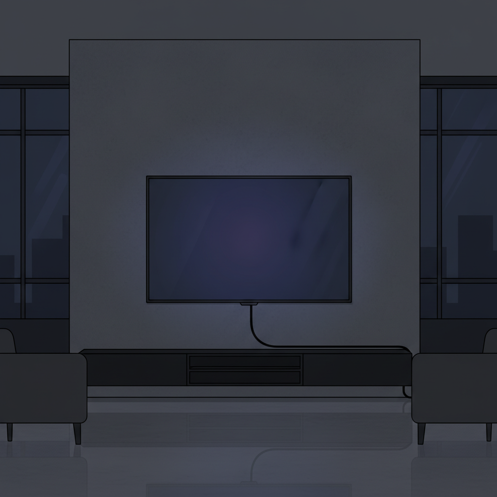 Flat screen TV with power cord in dark living room