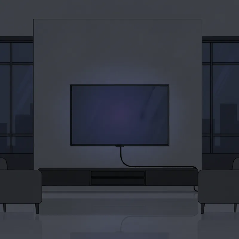 Flat screen TV with power cord in dark living room
